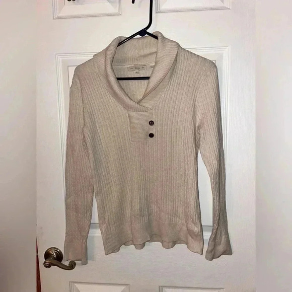 Pria Sweaters - Pria Long Sleeve Cable Knit 100% Cotton Sweater Beige Large